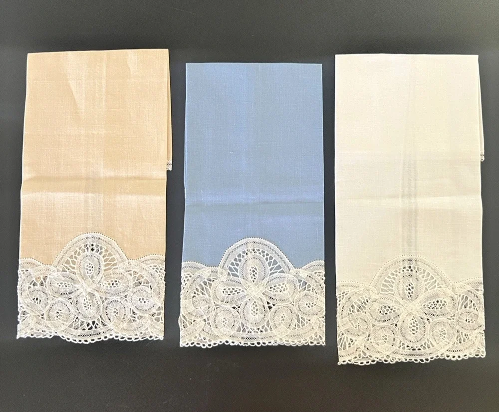 SET of 3 Vintage Embroidered Tea Guest Towel Fine Crocheted Lace NEW